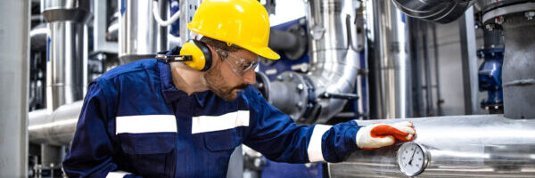 Petroleum refinery worker standing by pipes and checking product