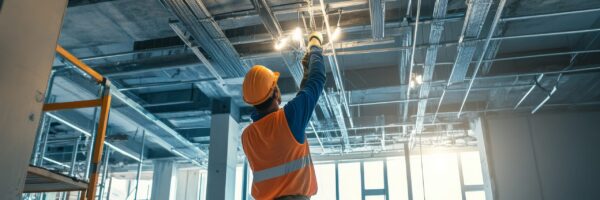 An electrician installing lighting fixtures in a commercial building under construction, Electrical installation scene, Technical and essential style An electrician installing lighting fixtures in a commercial building under construction, Electrical installation scene, Technical and essential style