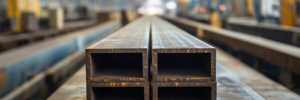 Close-up of stacked rectangular hollow section steel profiles showing surface rust in a steel mill or warehouse