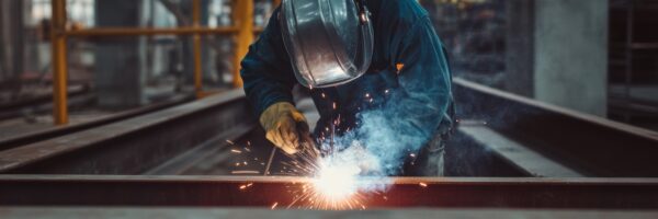 Steelworker welding a structural beam at a construction site. Featuring precision and safety